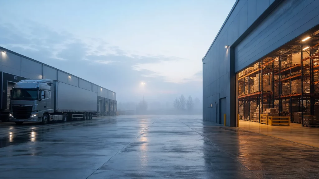 Bild einer Lagerhalle mit Ladehof und LKW bei Dämmerung
