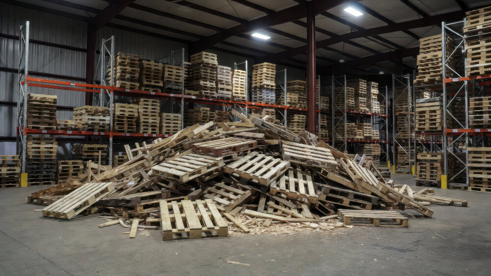 kaputte Paletten in einer Lagerhalle