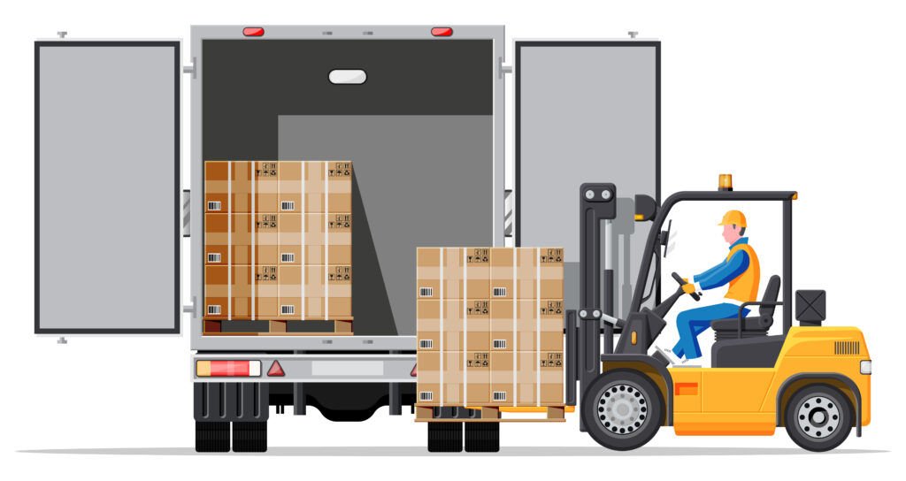 Ein Lkw Trailer wird mit Paletten beladen